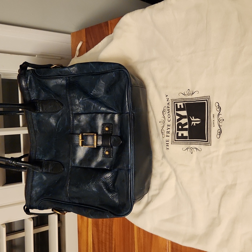 Frye Navy Blue Leather Tote with Brass Hardware